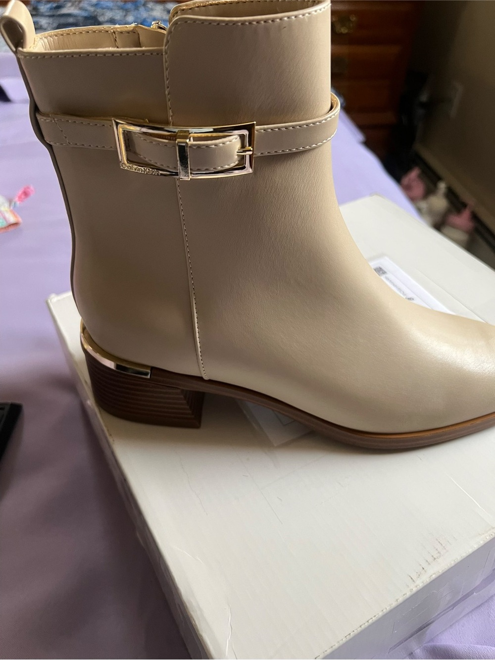 Women's Cream Ankle Boots with Gold Buckle